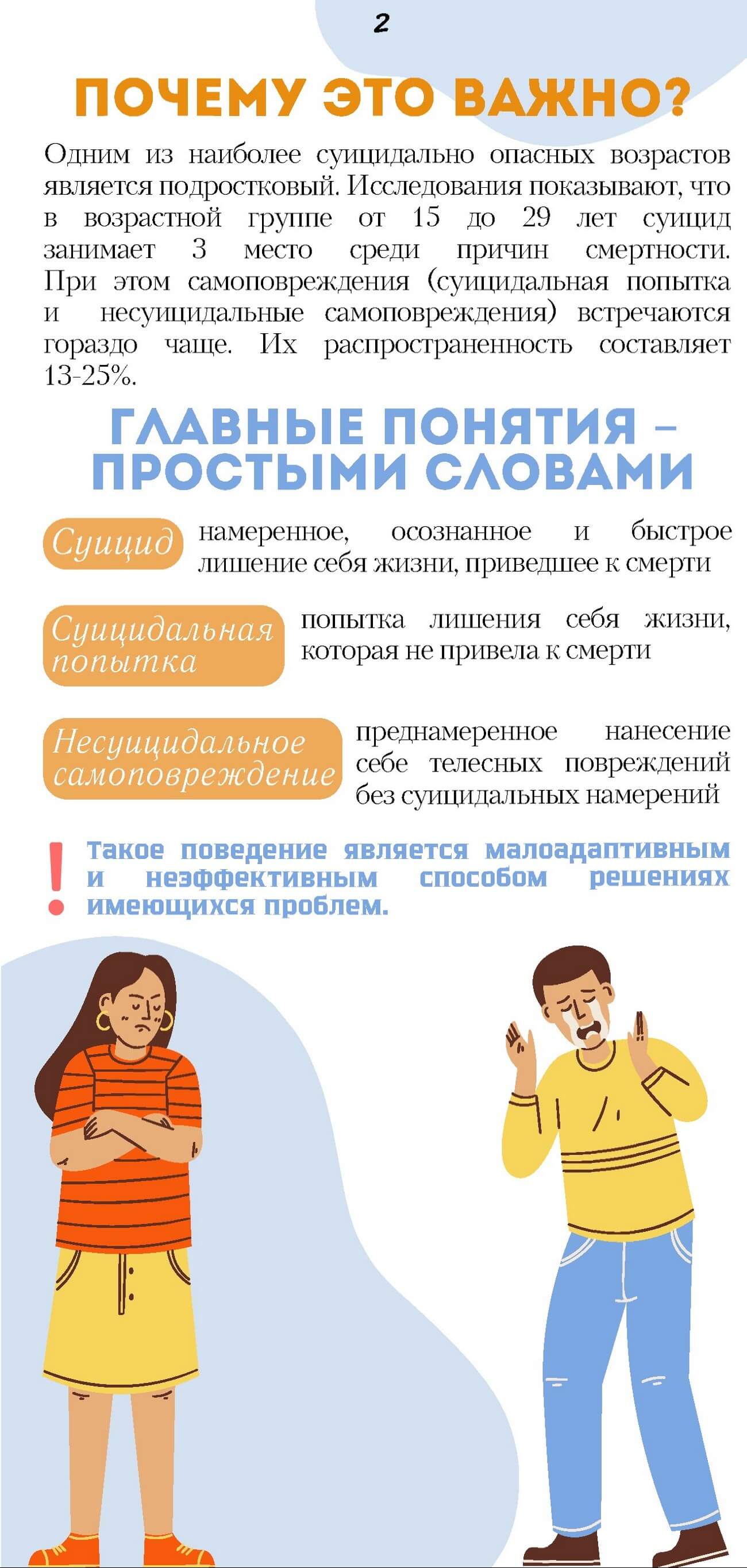 ПОЧЕМУ ЭТО ВАЖНО? Одним из наиболее суицидально опасных возрастов является подростковый. Исследования показывают, что в возрастной группе от 15 до 29 лет суицид занимает 3 место среди причин смертности. При этом самоповреждения (суицидальная попытка и несуицидальные самоповреждения) встречаются гораздо чаще. Их распространенность составляет 13-25%. ГЛАВНЫЕ ПОНЯТИЯ - ПРОСТЫМИ СЛОВАМИ Суицид - намеренное, осознанное и быстрое лишение себя жизни, приведшее к смерти. Суицидальная попытка - попытка лишения себя жизни, которая не привела к смерти. Несуицидальное самоповреждение - преднамеренное нанесение себе телесных повреждений без суицидальных намерений. Такое поведение является малоадаптивным и неэффективным способом решения имеющихся проблем. 